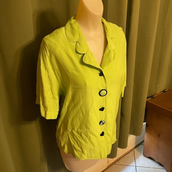 Vintage Whimsical Lime Green Button Up Blouse Med Lime Green and Black Blouse M - Picture 10 of 13